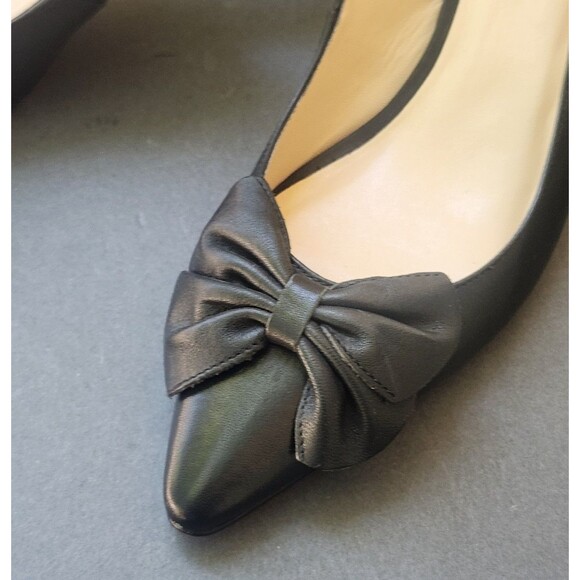 TALBOTS Jodee Black Leather Size 7M Shoes Bow Pointy Toe Slingback Kitten Heels - Picture 2 of 11